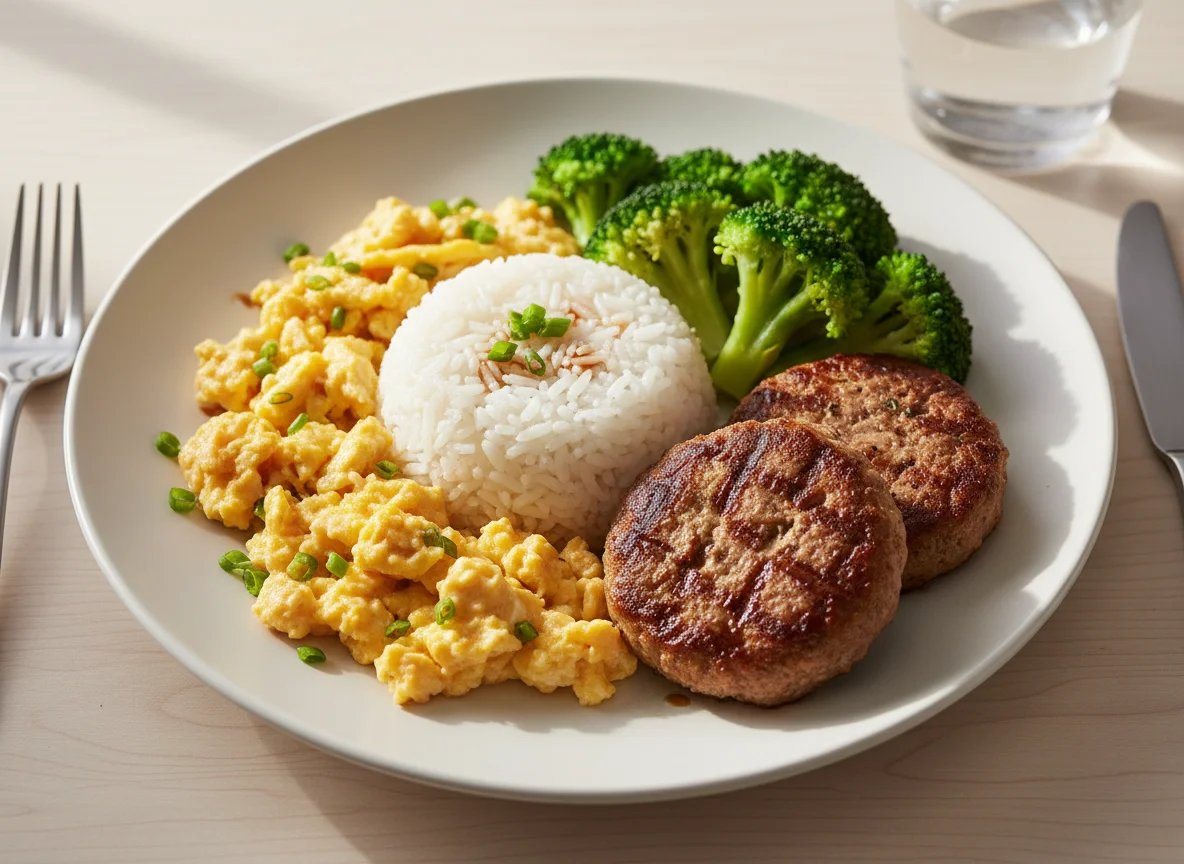 Mixed Meal with Rice, Eggs, Patties, and Broccoli photo