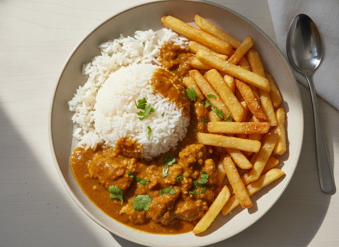 Mixed Meal with Rice, Fries, and Gravy photo