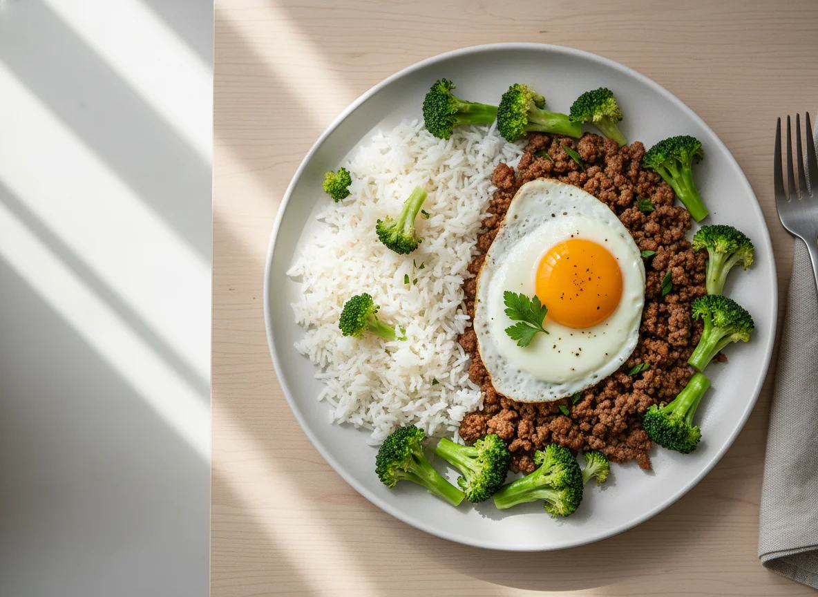 Mixed Meal with Rice, Ground Beef, Eggs, and Broccoli photo