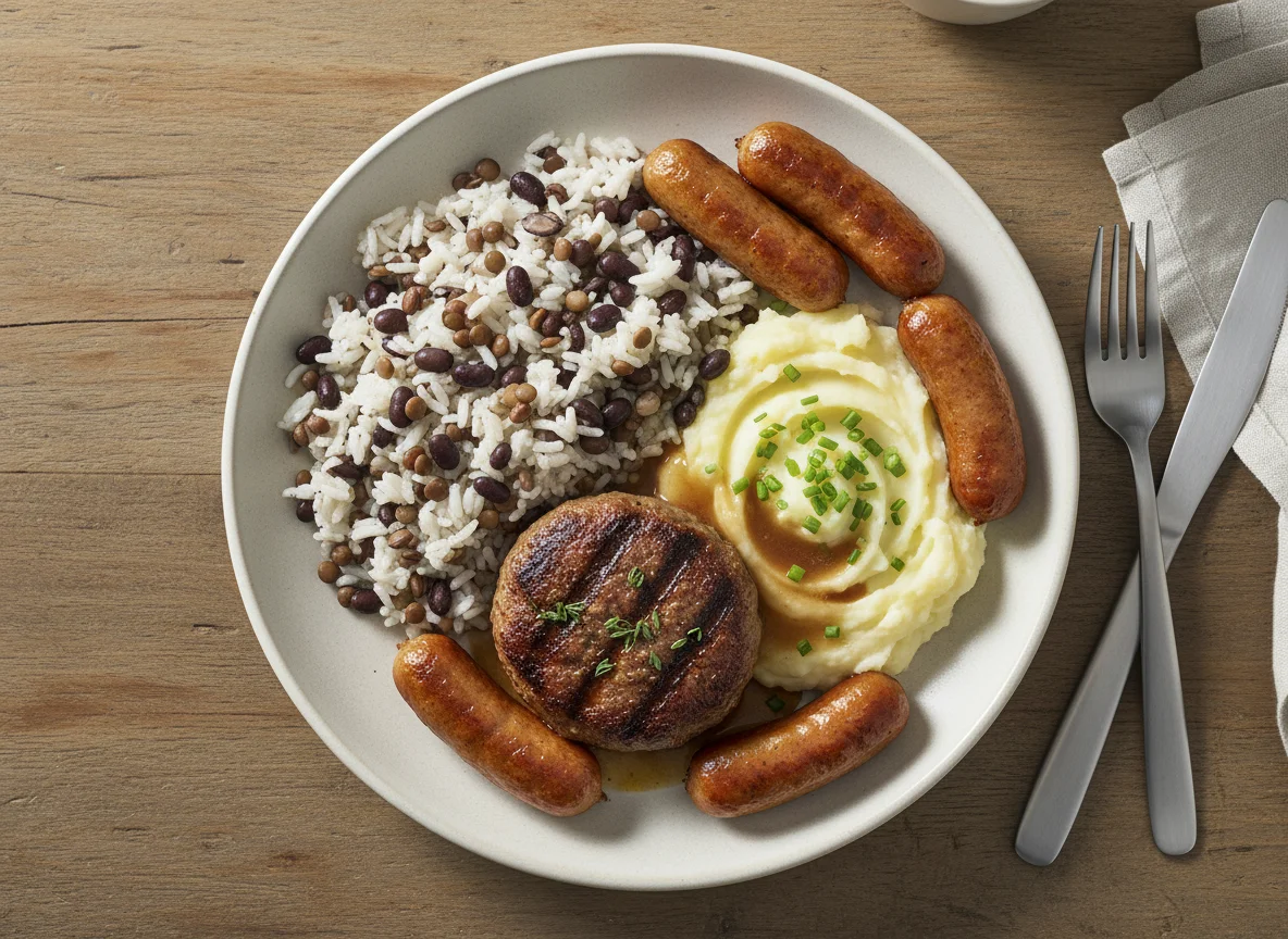 Mixed meal with rice, meat patty, sausages and mashed potato photo
