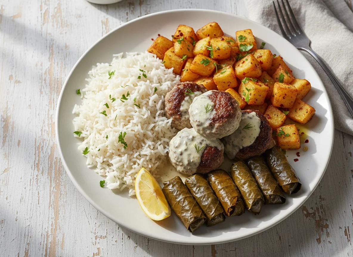 Mixed Meal with Rice, Potatoes, Meatballs, and Dolma photo