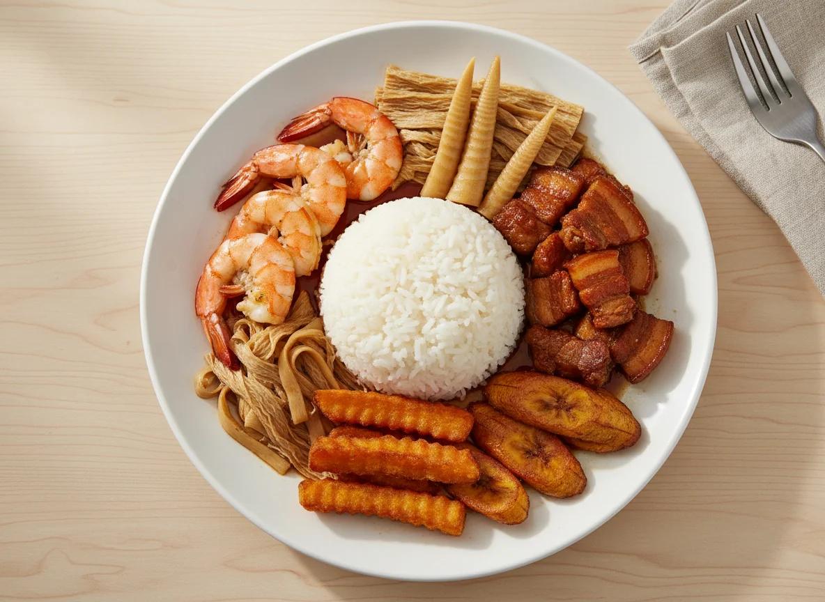 Mixed Meal with Rice, Shrimp, and Braised Meat photo