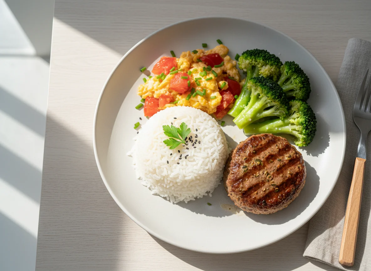 Mixed Meal with Rice, Tomato Scrambled Eggs, Broccoli, and Meat Patty photo