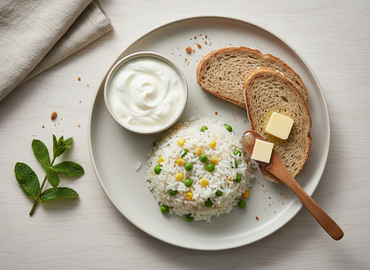 Mixed meal with rice, yogurt, bread, and butter photo