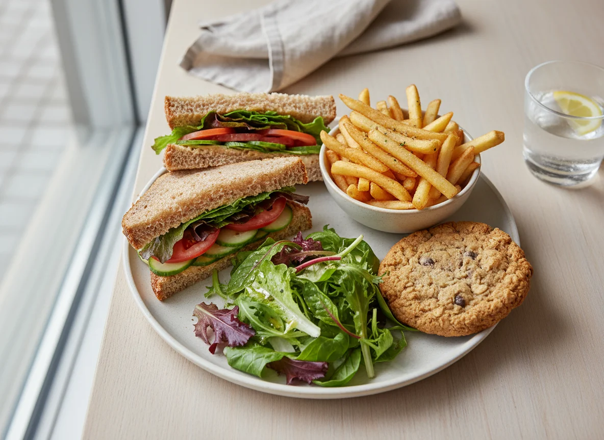 Mixed meal with salad, sandwich, fries, and cookie photo