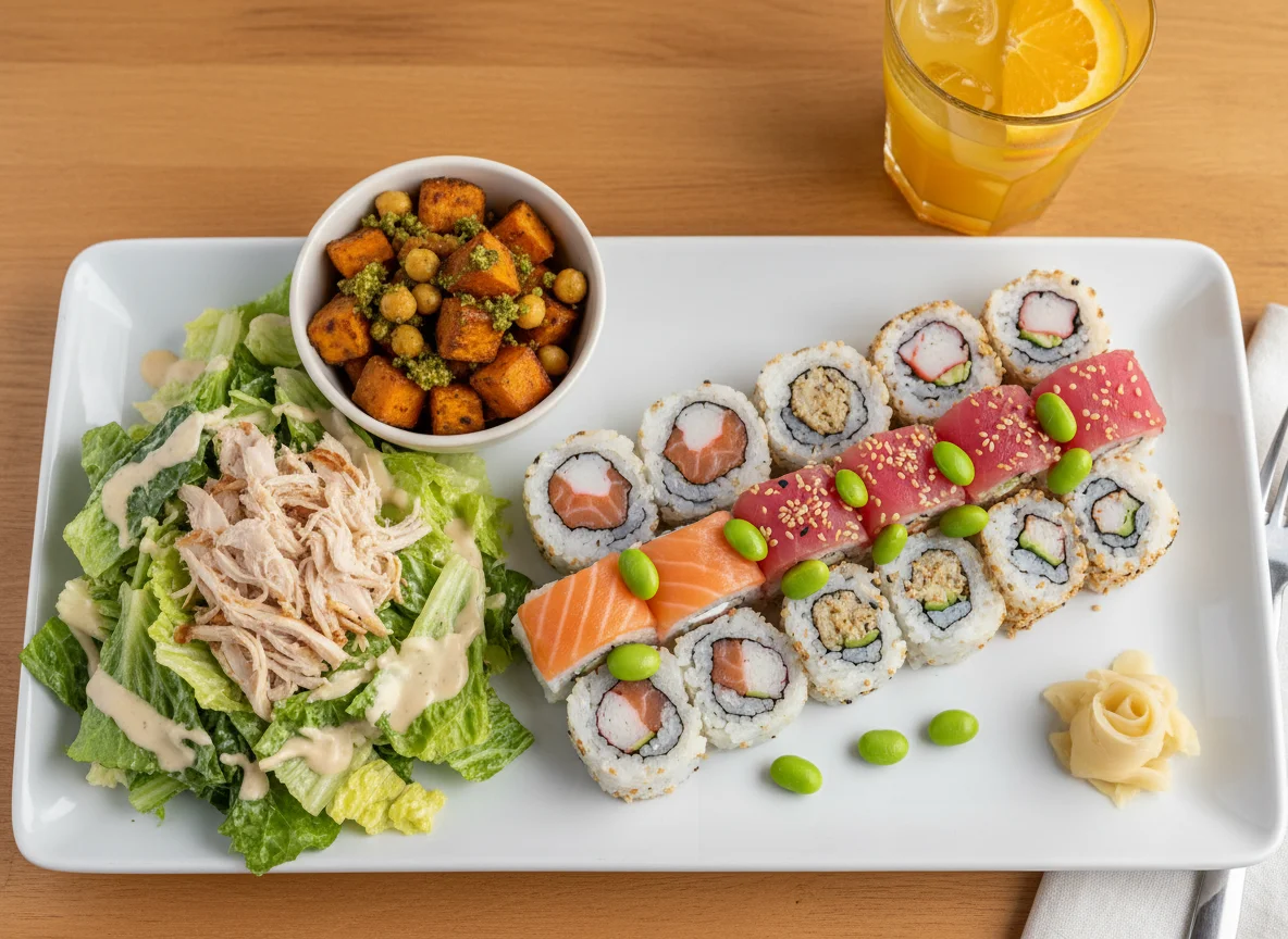 Mixed Meal with Salad, Sushi, and Orange Juice photo