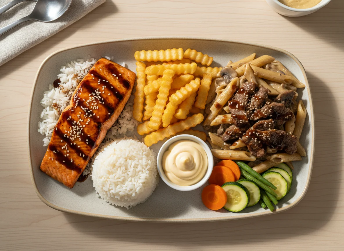 Mixed Meal with Salmon, Beef, and Pasta photo
