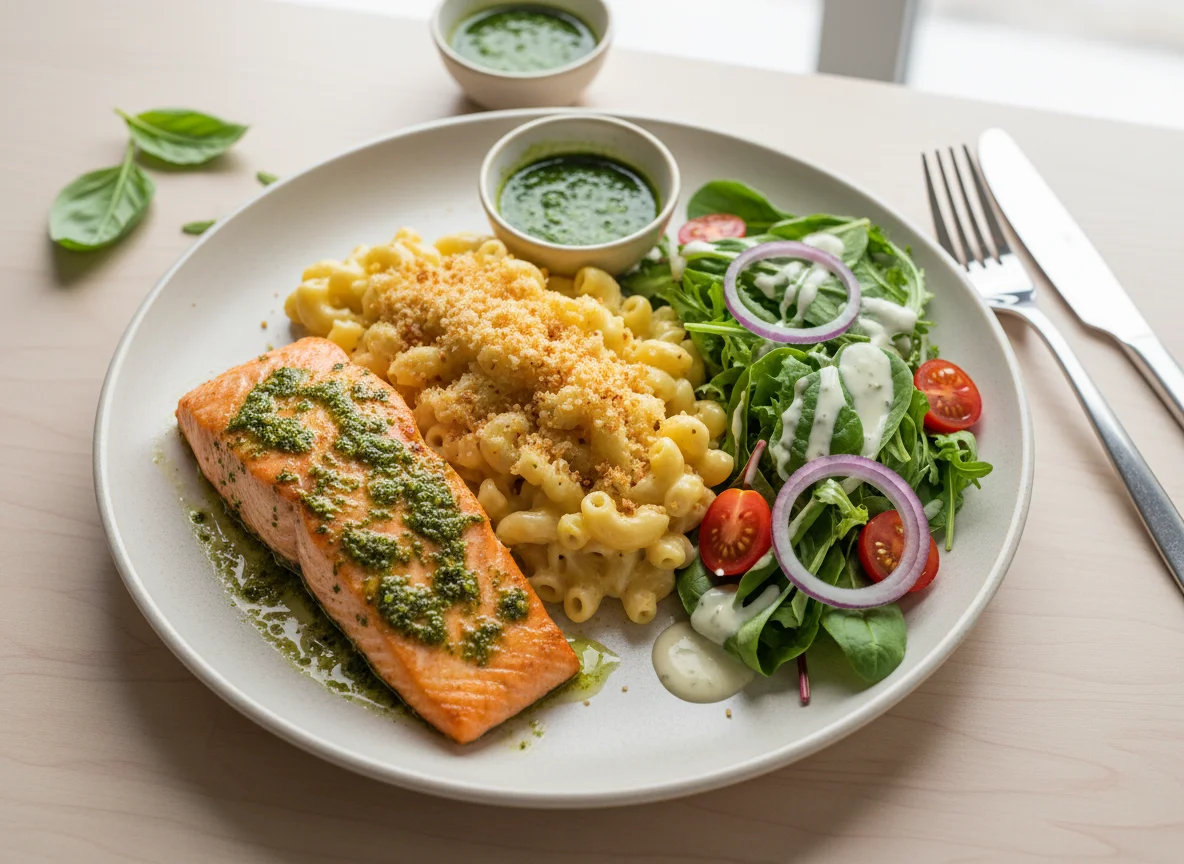 Mixed meal with salmon, pasta, and salad photo