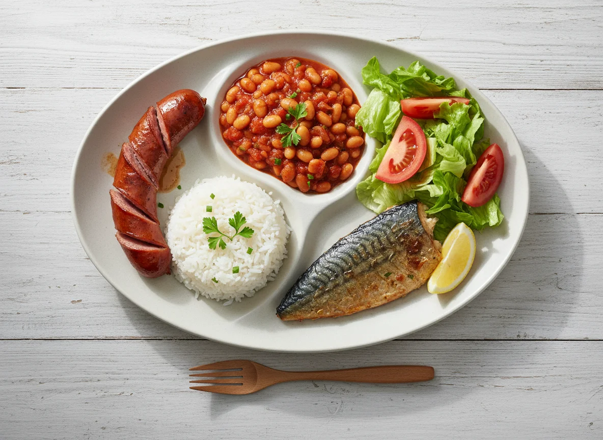 Mixed meal with sausage, rice, beans, fish, and salad photo