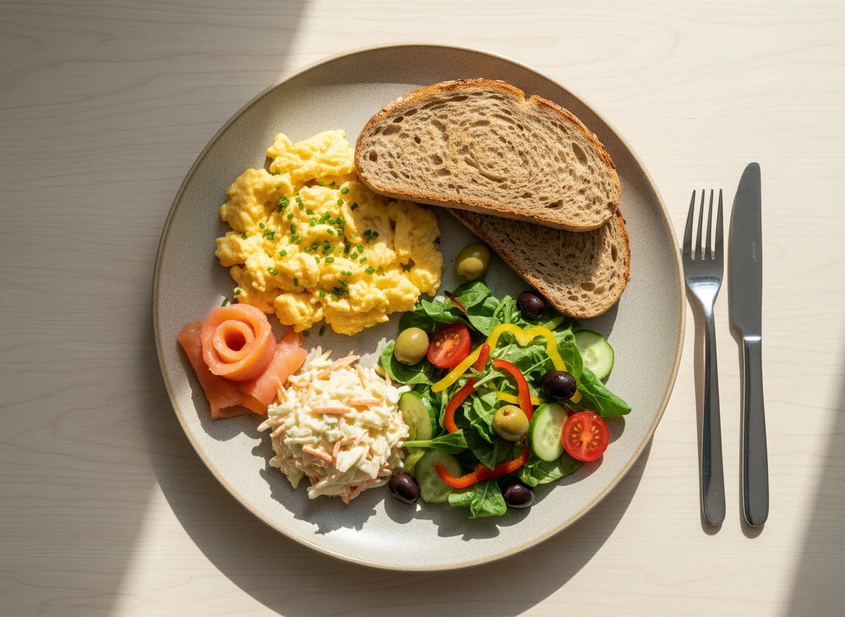 Mixed meal with scrambled eggs and salad photo