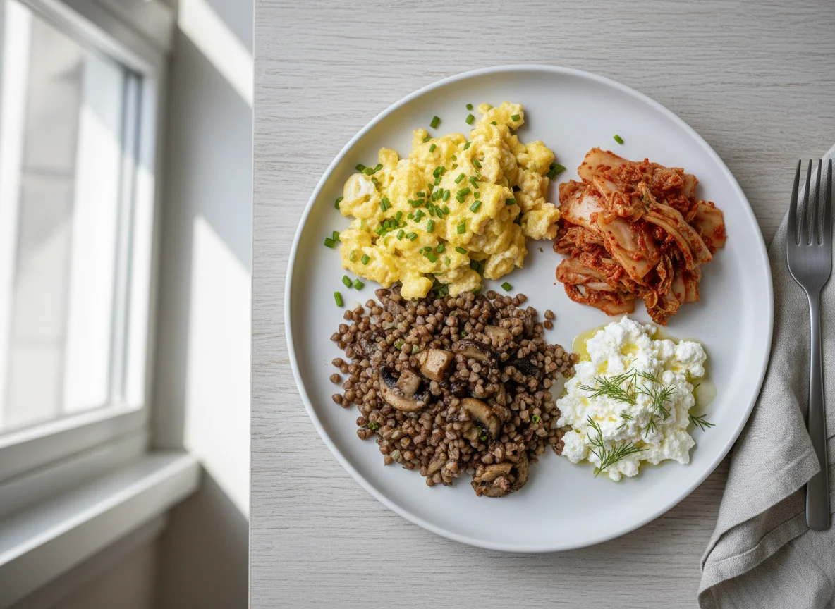 Mixed meal with scrambled eggs, buckwheat, kimchi, and cottage cheese photo