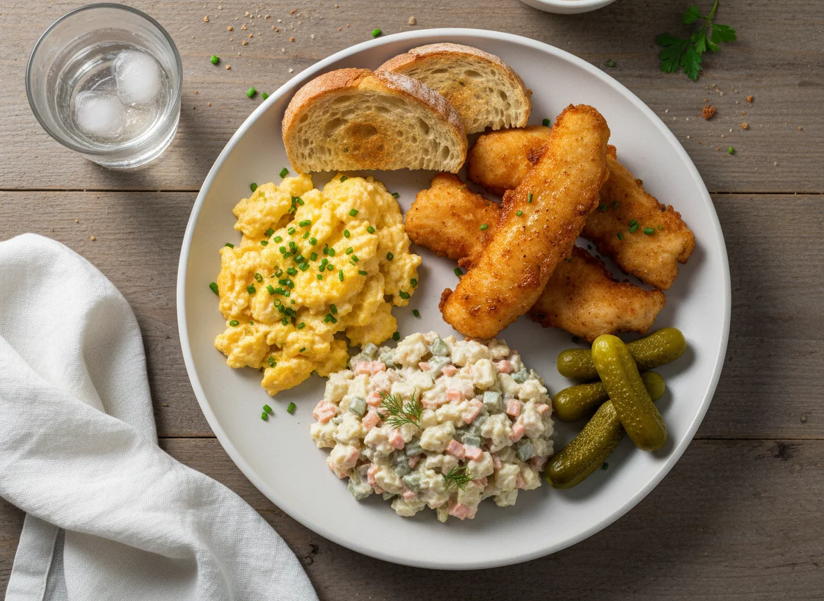 Mixed Meal with Scrambled Eggs, Chicken, Salad, Toast and Pickles photo