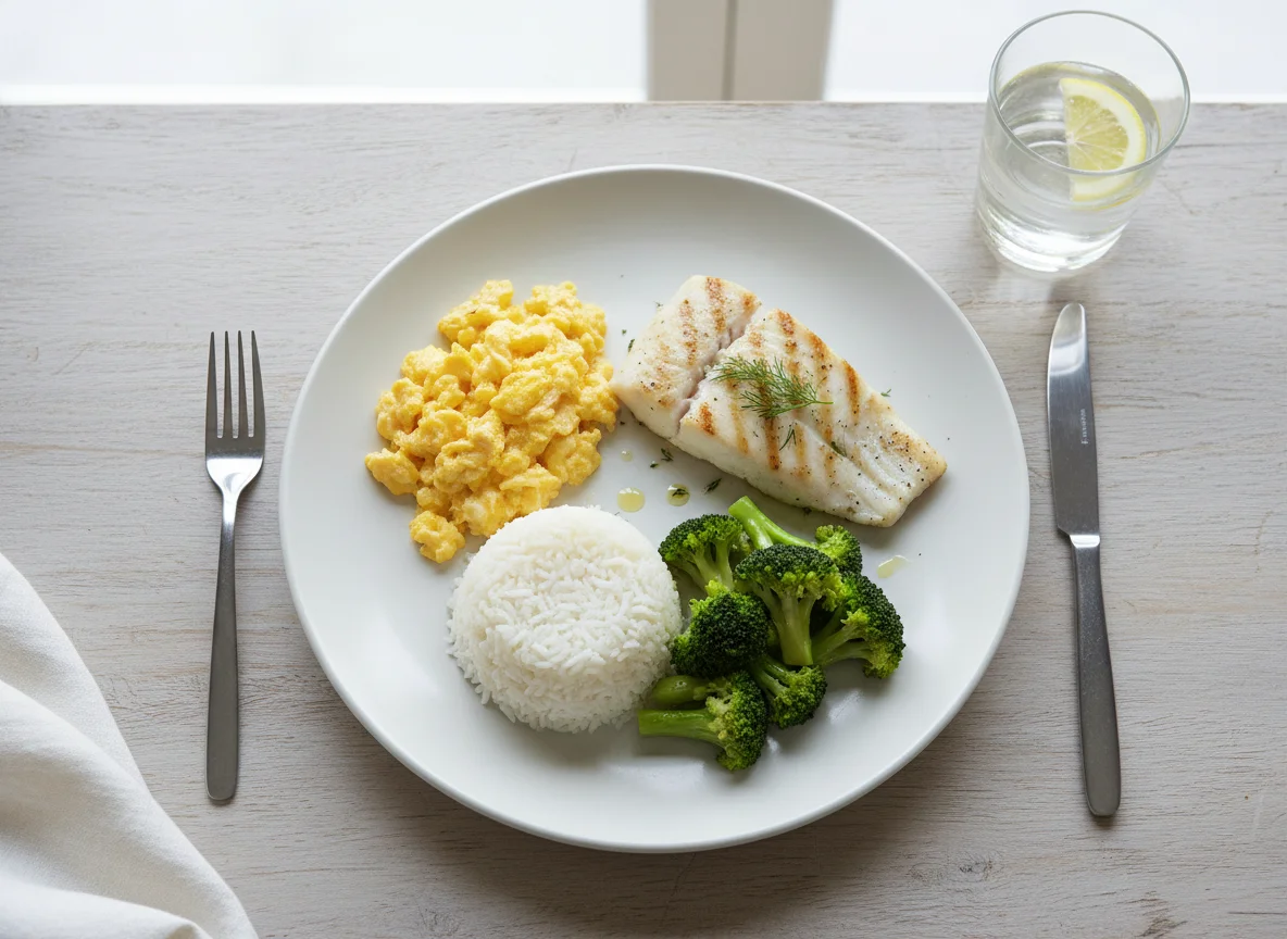 Mixed Meal with Scrambled Eggs, Fish, Rice, and Broccoli photo