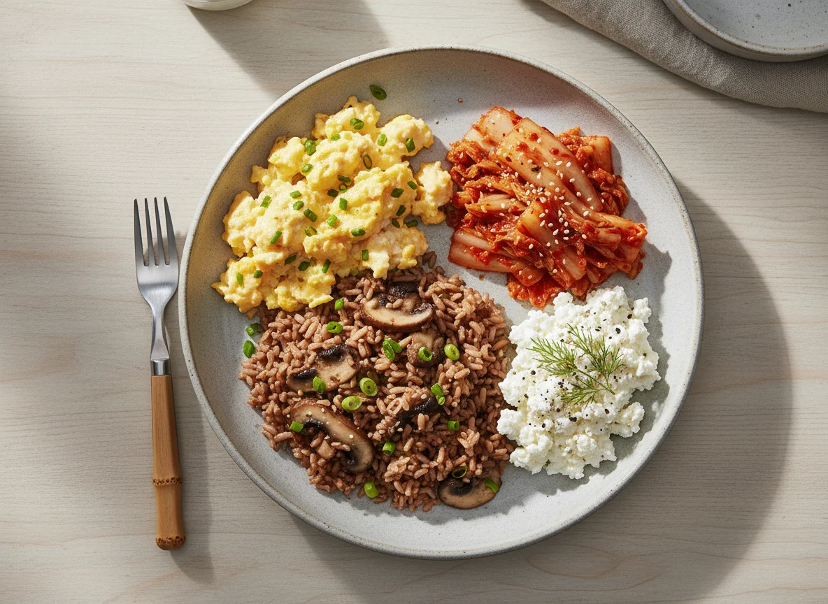 Mixed meal with scrambled eggs, rice, kimchi and cottage cheese photo