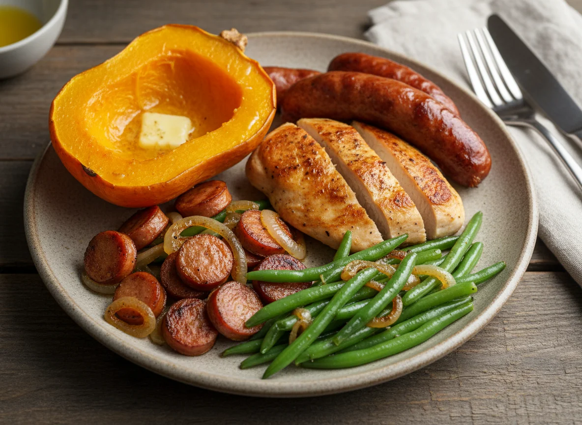 Mixed Meal with Squash, Sausage, Chicken, and Green Beans photo