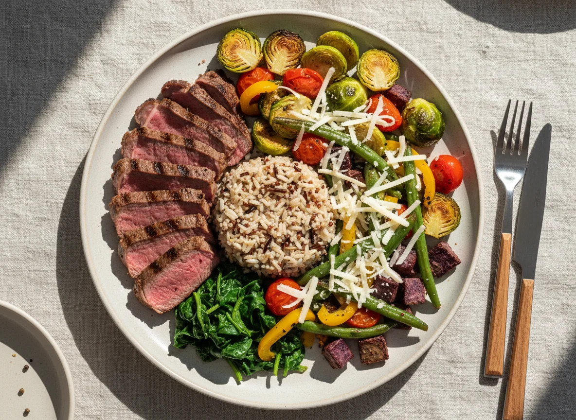 Mixed Meal with Steak and Vegetables photo