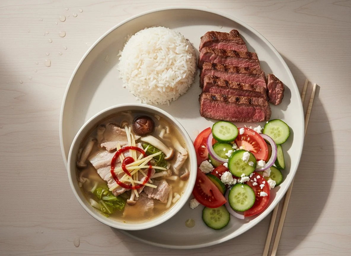 Mixed Meal with Steak, Rice, Salad, and Pork Soup photo