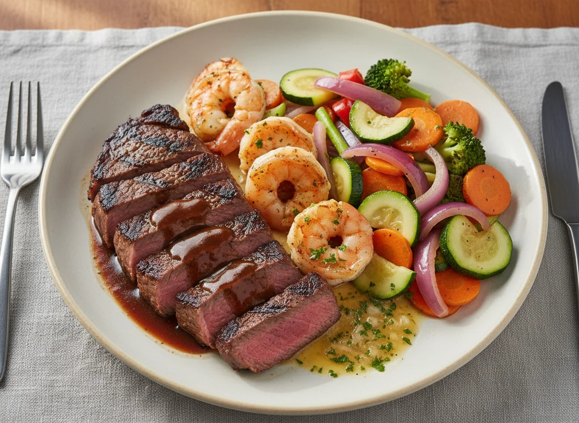 Mixed Meal with Steak, Shrimp, and Vegetables photo