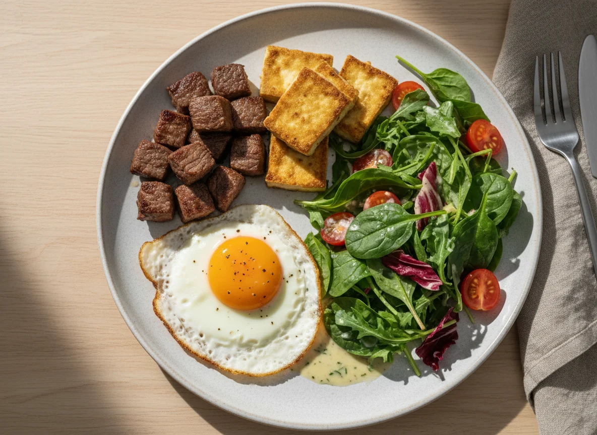 Mixed Meal with Steak, Tofu, Egg, and Salad photo