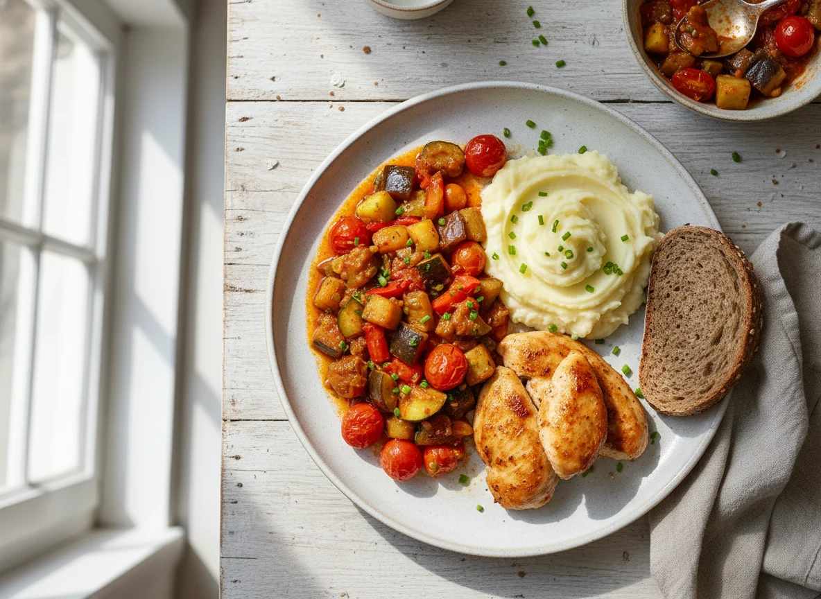 Mixed meal with stewed vegetables, chicken, mashed potatoes, and bread photo