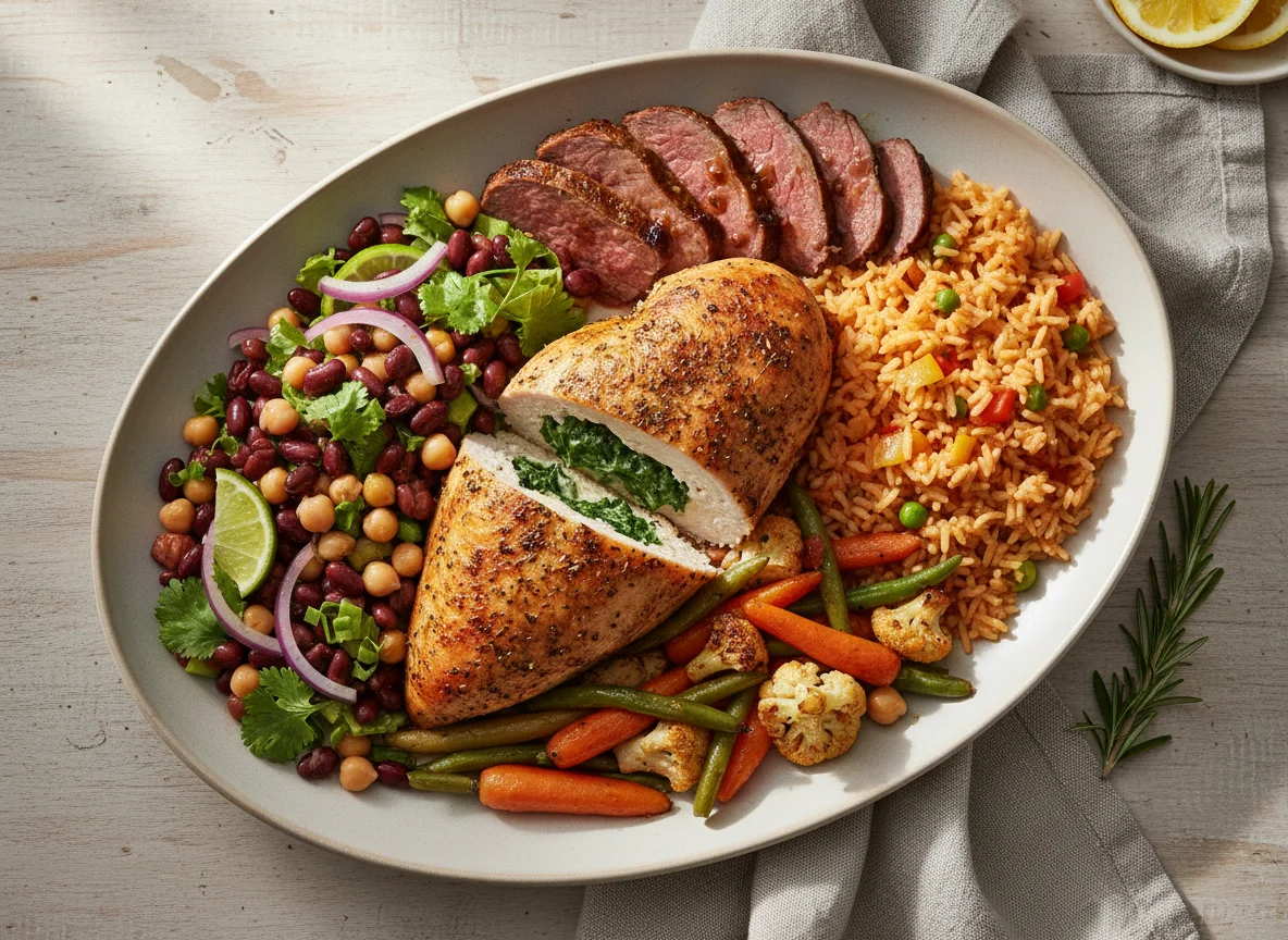 Mixed Meal with Stuffed Chicken and Rice photo