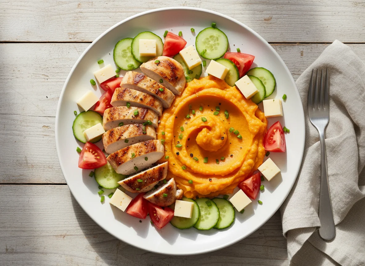 Mixed meal with sweet potato mash, chicken, vegetables and cheese photo