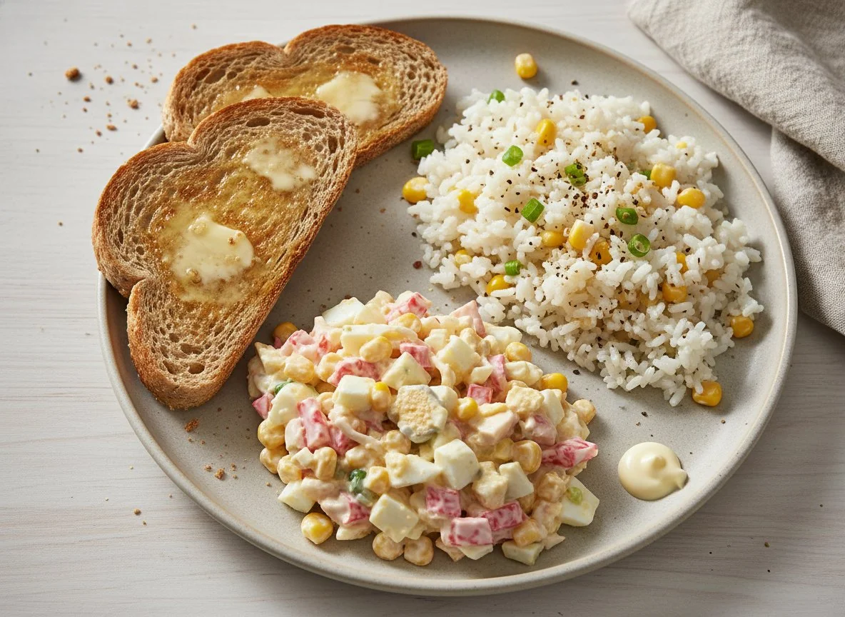 Mixed meal with toast, seafood salad, and savoury rice photo