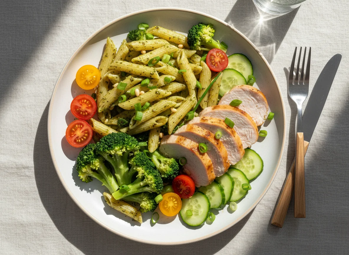 Mixed meal with turkey, pasta, and vegetables photo