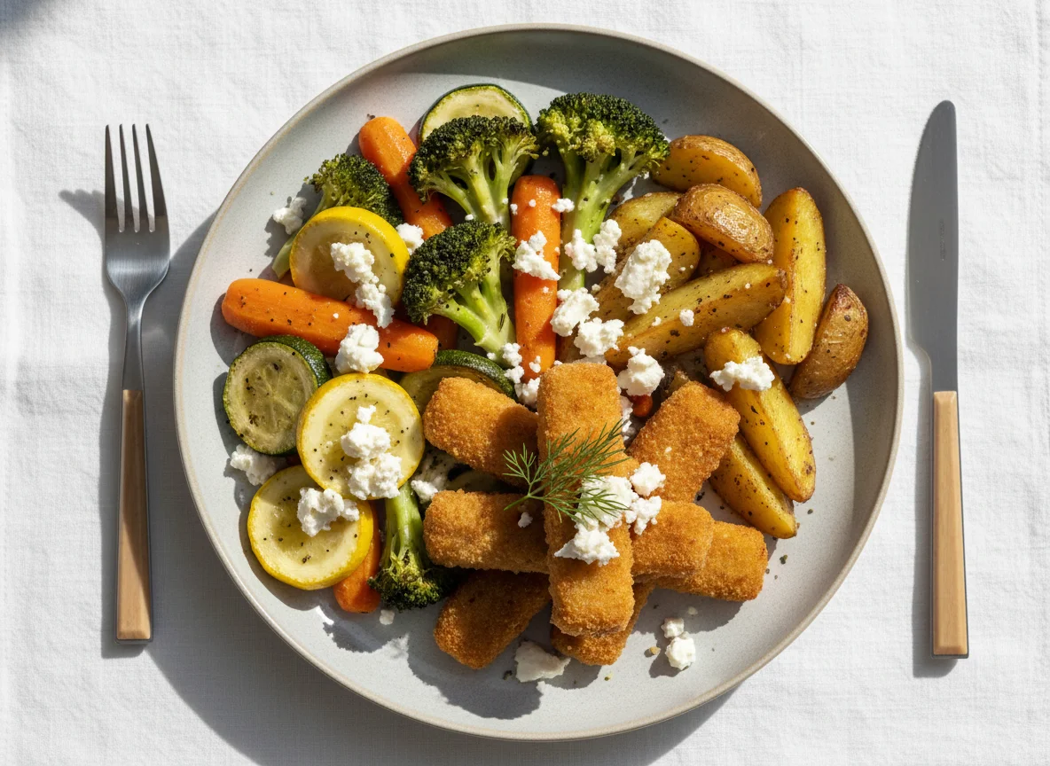Mixed meal with vegetables, feta cheese, and breaded fish photo