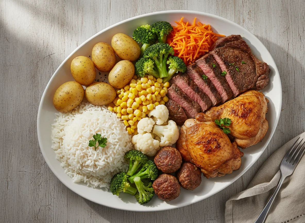 Mixed Meat and Vegetable Platter with Rice and Potatoes photo