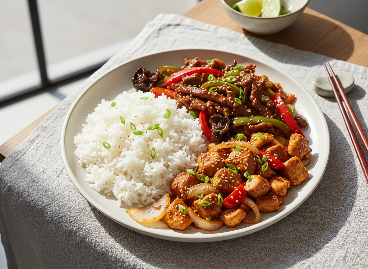 Mixed Meat and Vegetable Stir-fry with Rice photo
