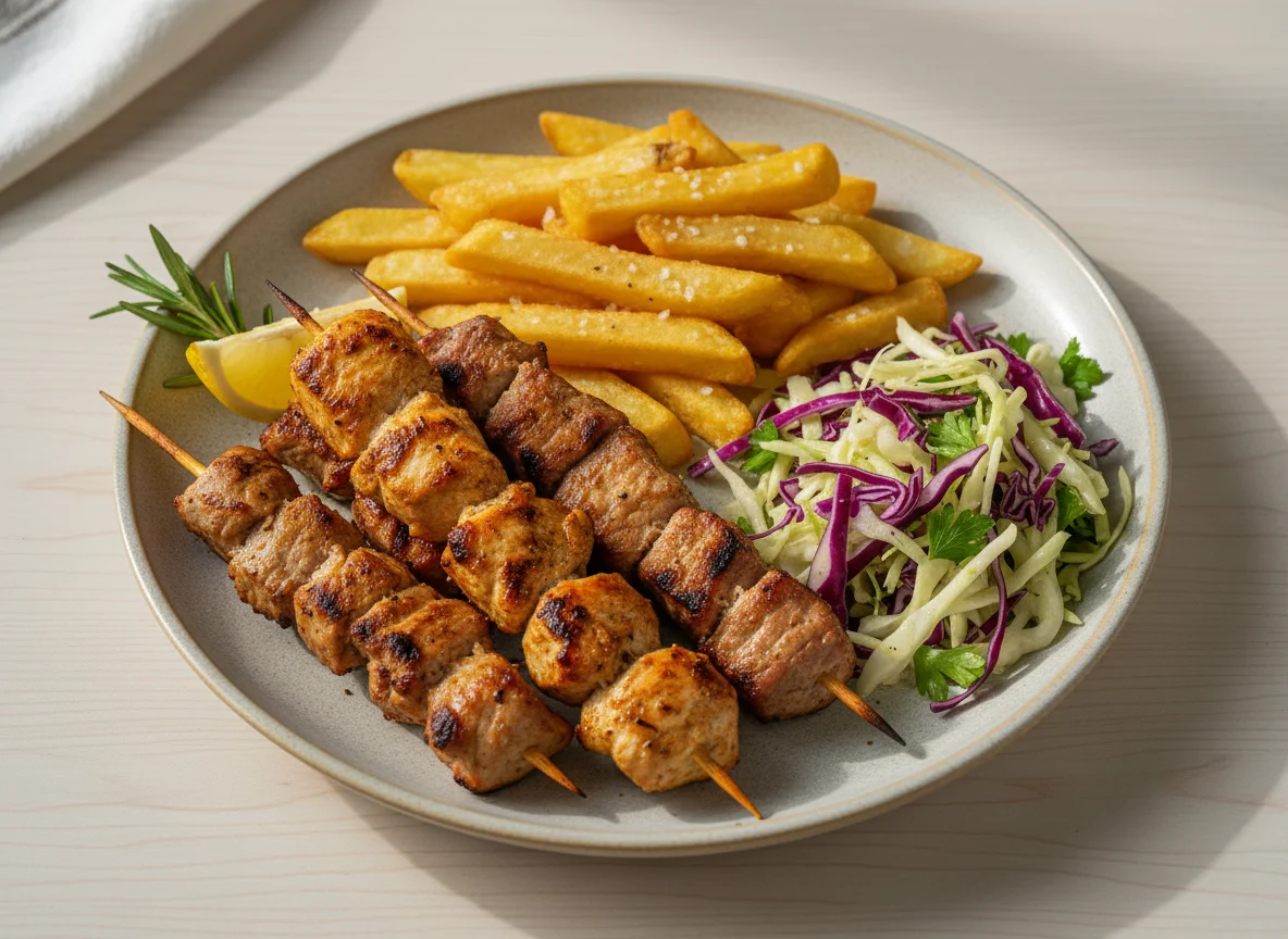 Mixed Meat Skewers with Fries and Cabbage Salad photo