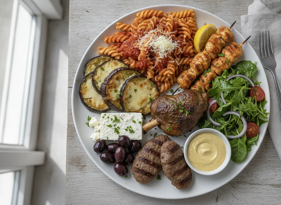 Mixed Mediterranean Plate with Pasta and Aubergine photo