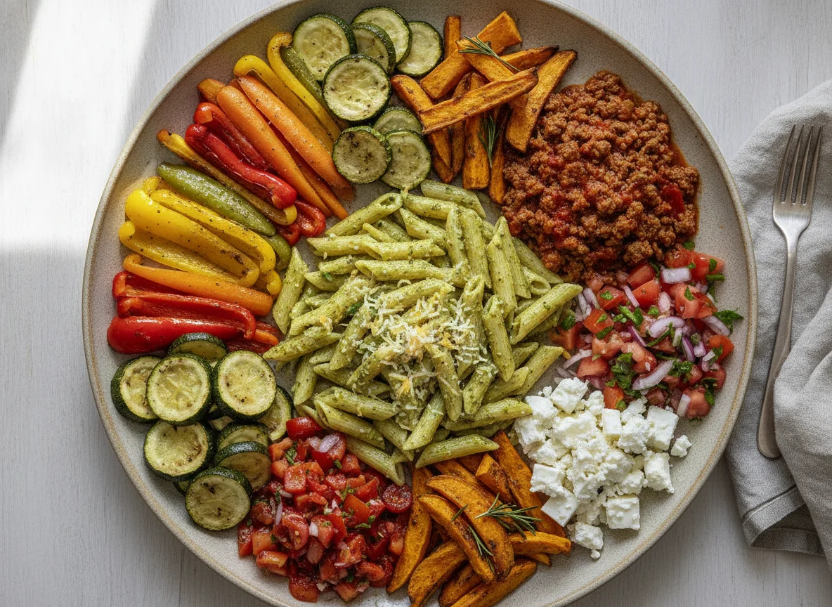 Mixed Mediterranean Platter with Pasta and Roasted Vegetables photo