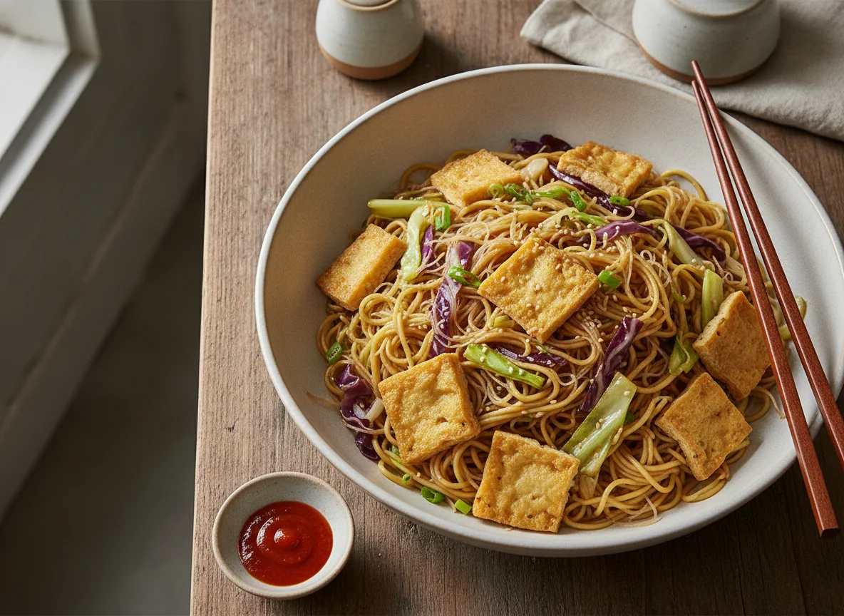 Mixed Noodles with Fried Tofu and Cabbage photo