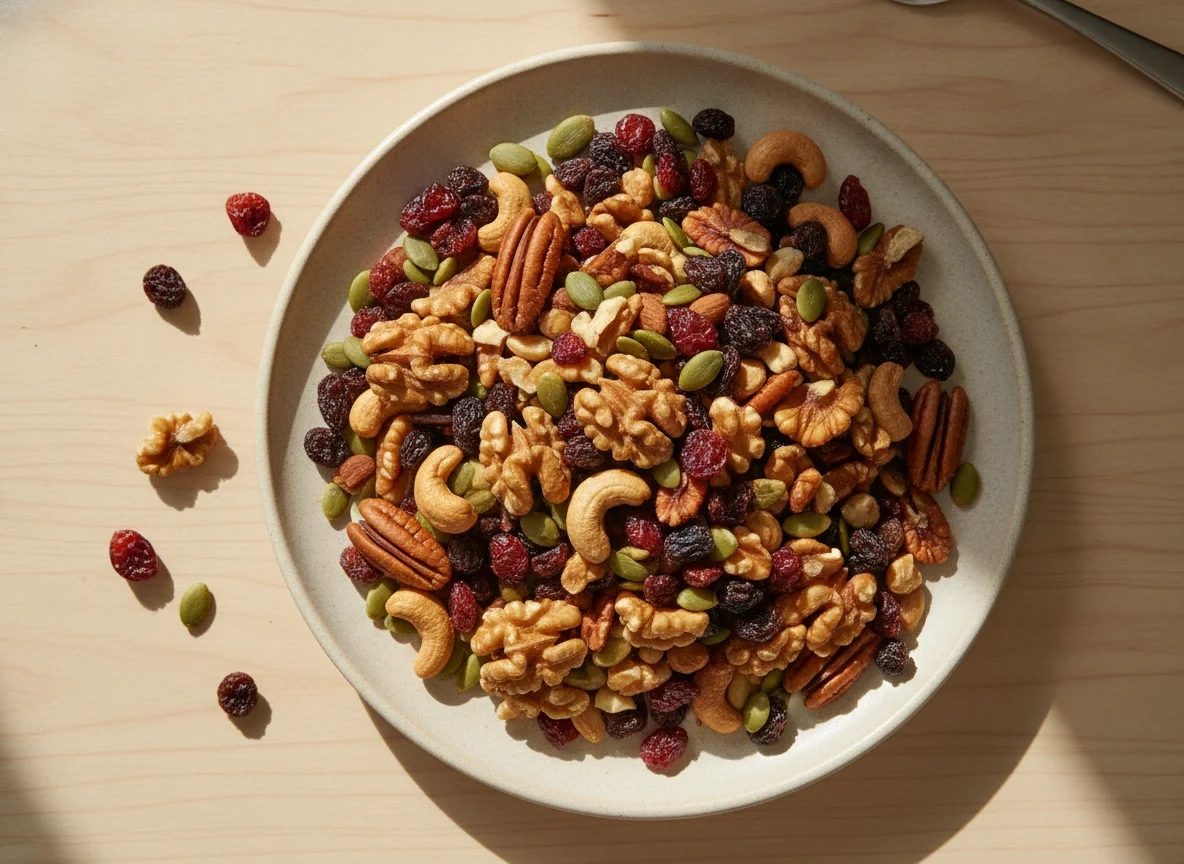 Mixed nuts and dried fruit trail mix photo