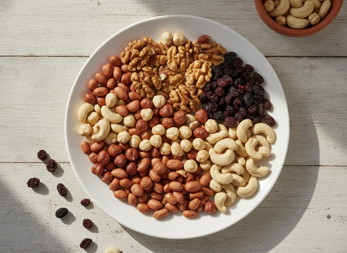 Mixed nuts and raisins photo