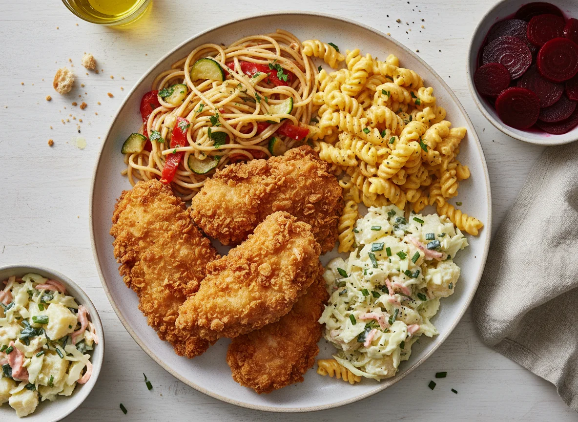 Mixed Pasta and Fried Chicken Meal photo