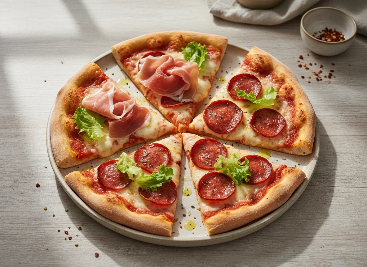 Mixed Pizza Slices with Lettuce photo