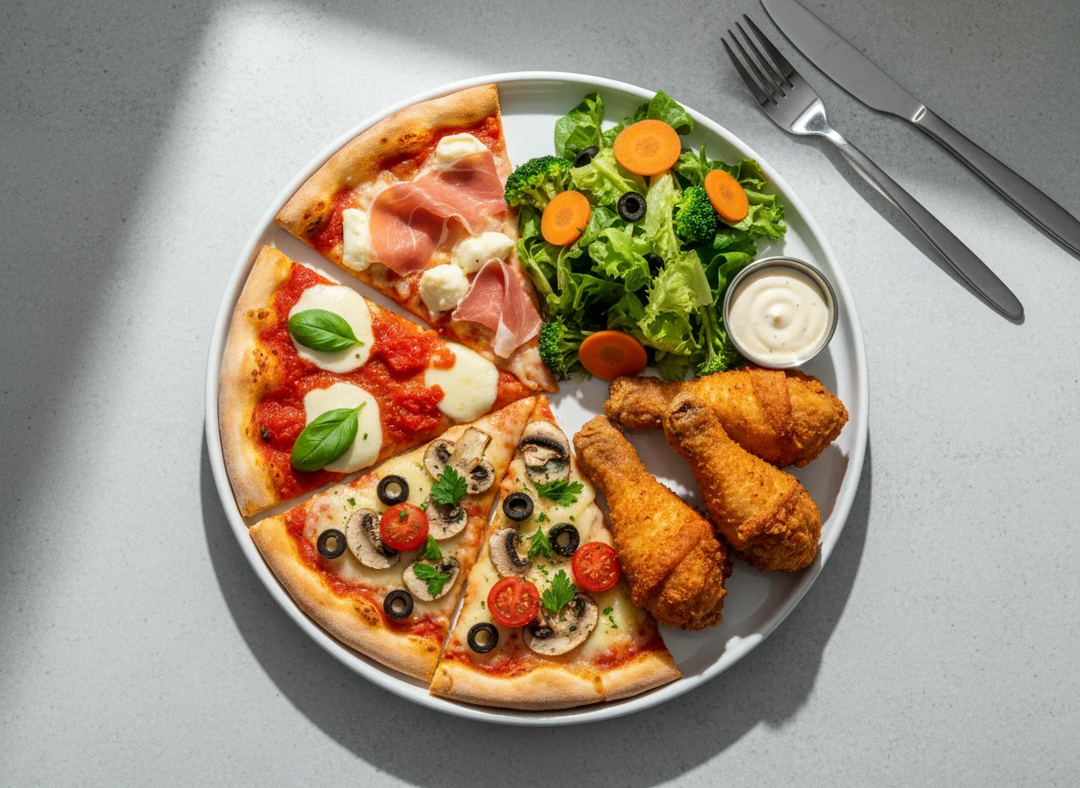 Mixed Pizza Slices with Side Salad and Fried Chicken Pieces photo