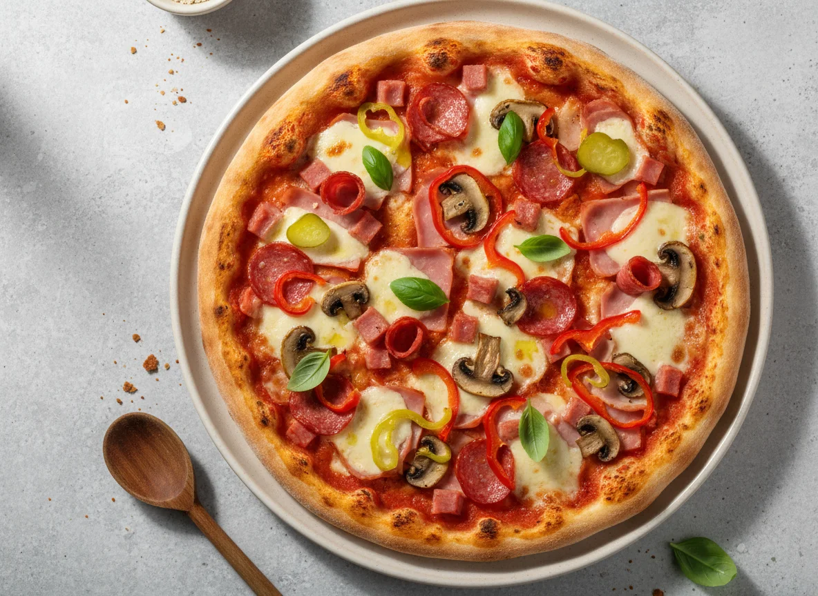 Mixed Pizza with Ham, Salami, Mushrooms, and Peppers photo