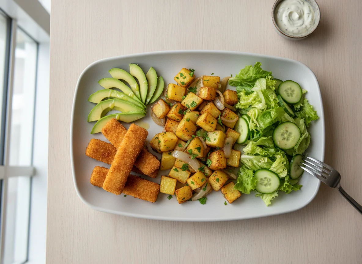 Mixed plate with avocado, fish fingers, potatoes, and salad photo