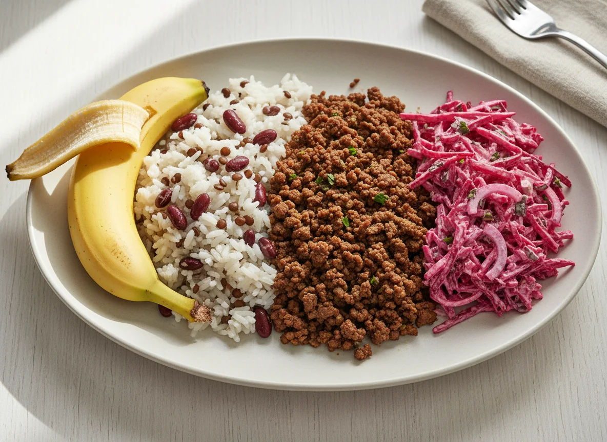 Mixed Plate with Banana, Rice, Ground Meat, and Beet Salad photo