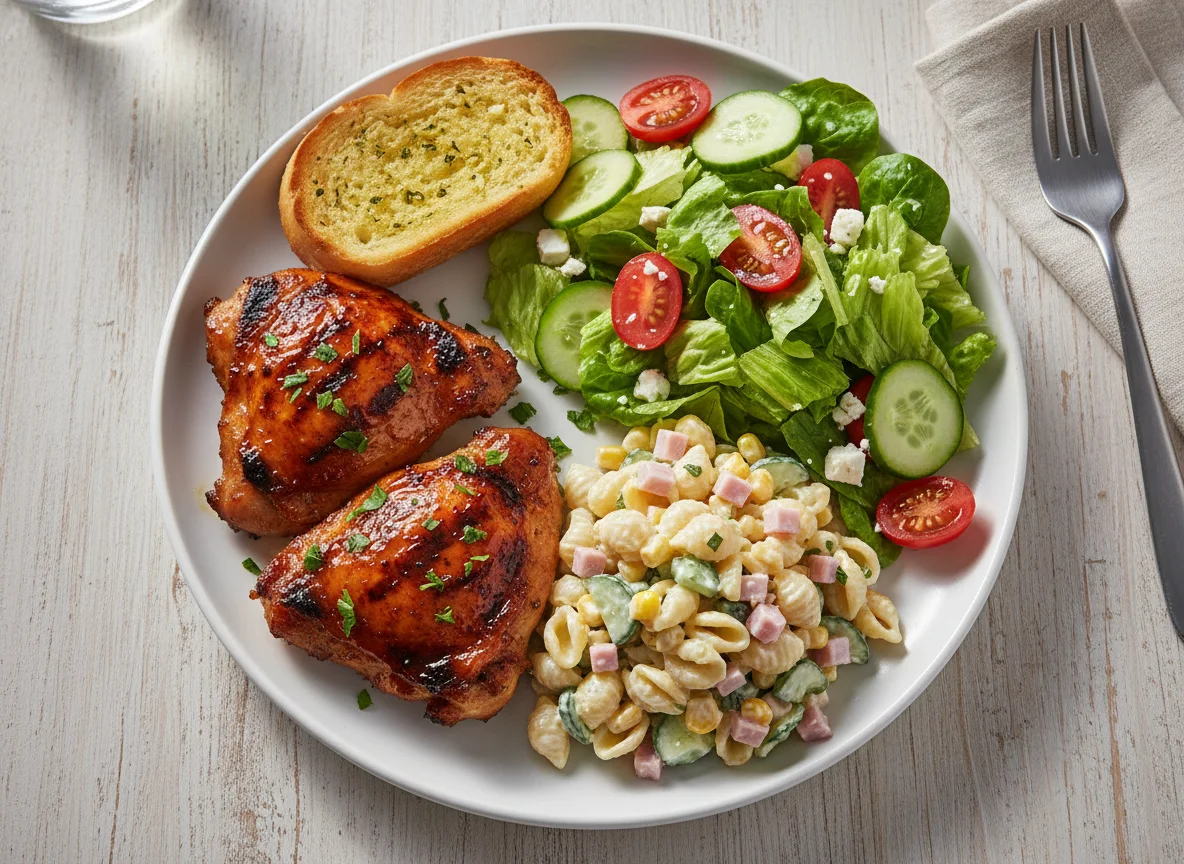 Mixed Plate with BBQ Chicken, Pasta Salad, and Green Salad photo
