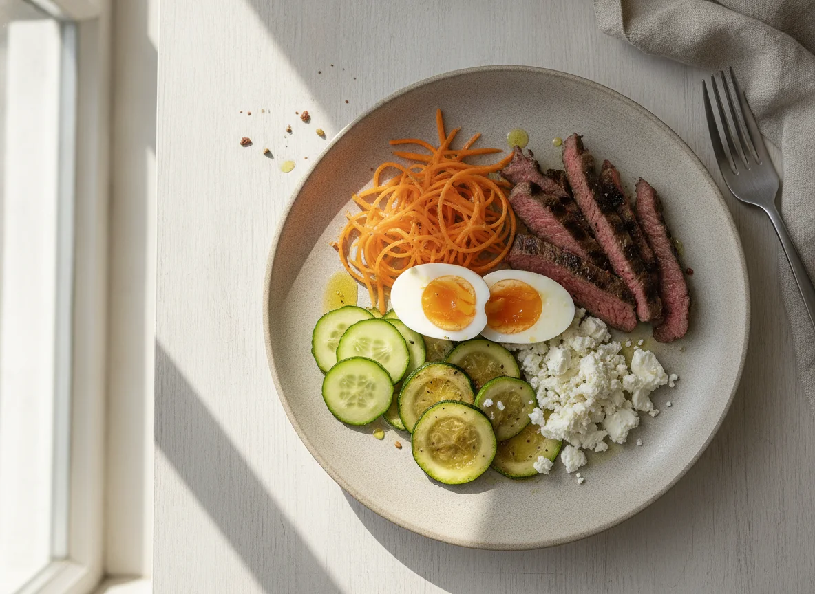 Mixed plate with beef, egg, and vegetables photo
