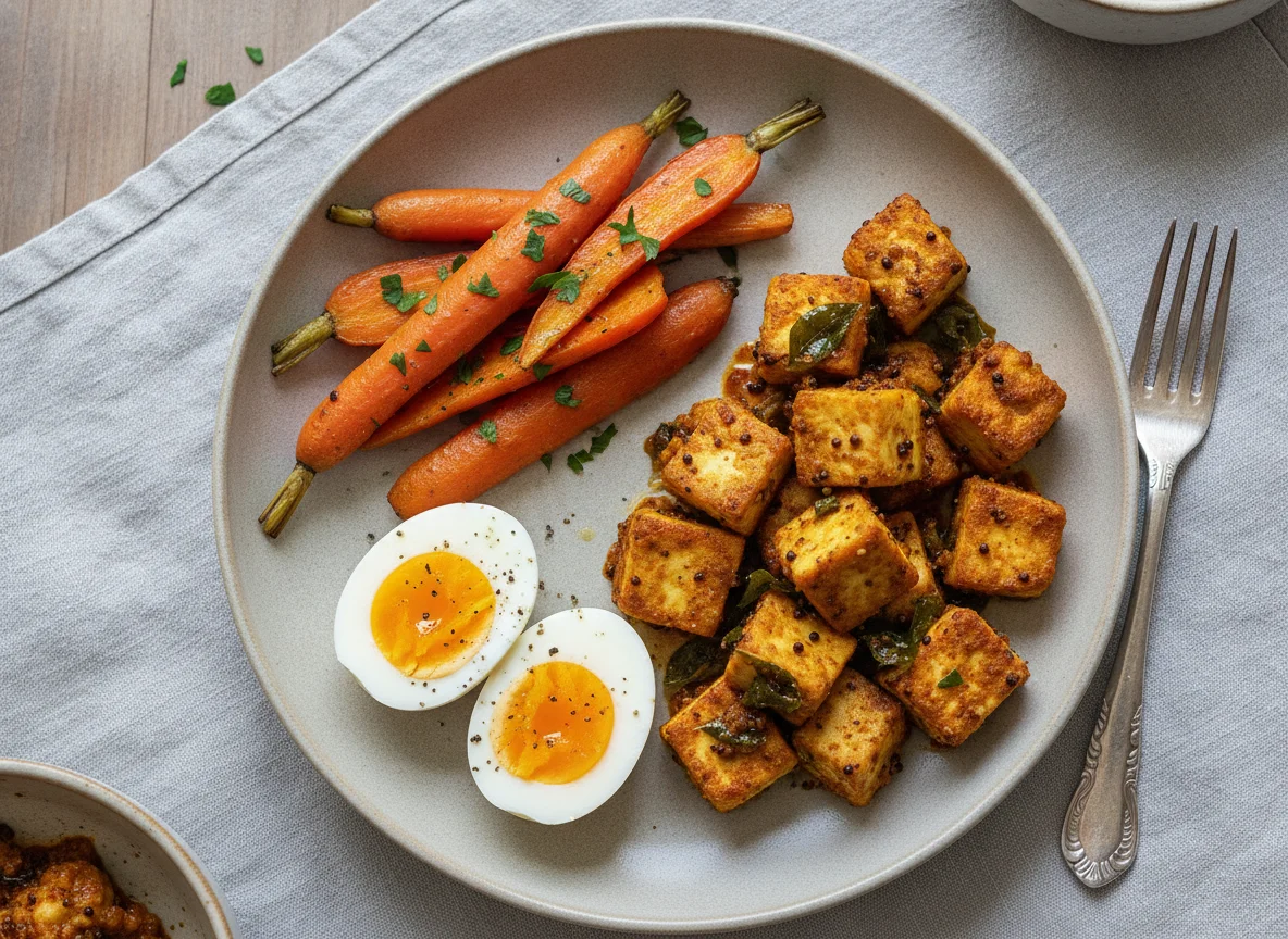 Mixed Plate with Carrots, Egg, and Paneer photo