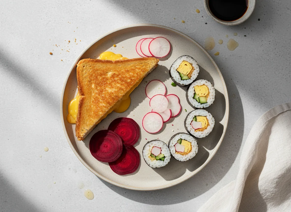 Mixed Plate with Cheese Toastie and Sushi photo