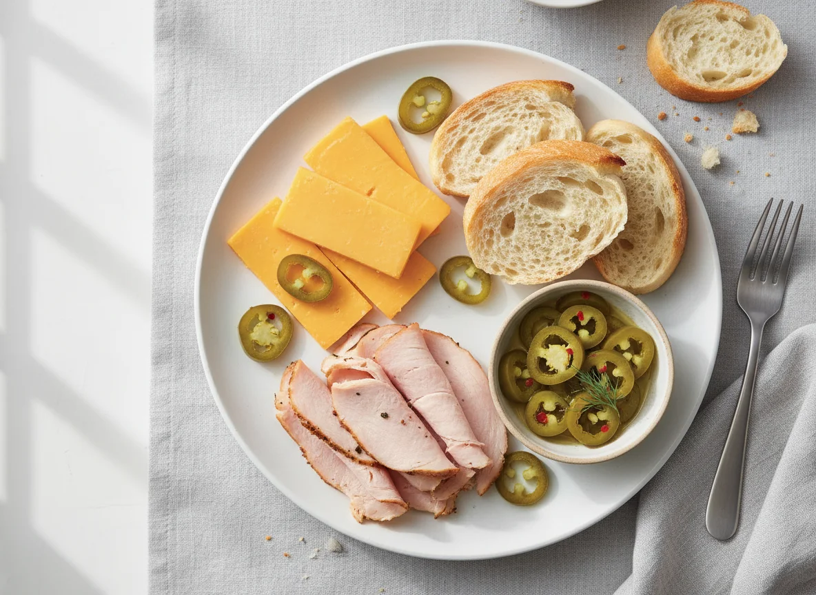 Mixed plate with cheese, turkey, bread, and pickled peppers photo
