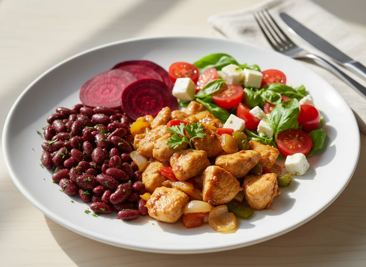 Mixed plate with chicken, beans, and beetroot photo