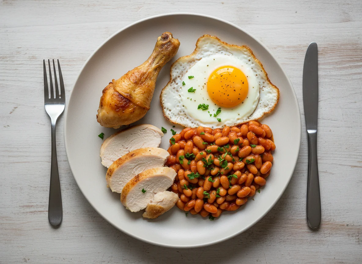 Mixed Plate with Chicken, Beans, and Egg photo
